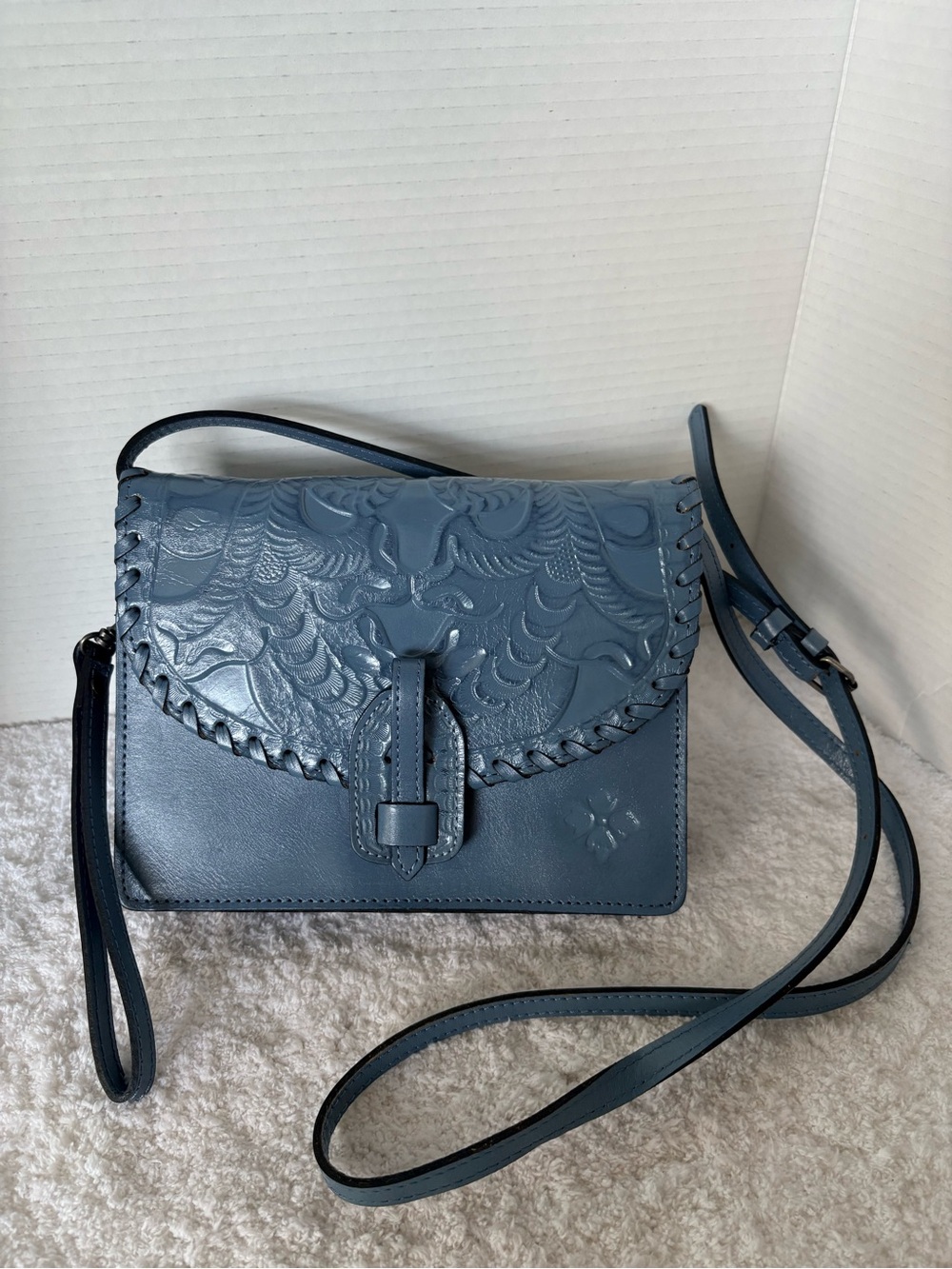 Patricia Nash Lanza Tooled Leather Crossbody Bag Blue
Floral Whipstitch